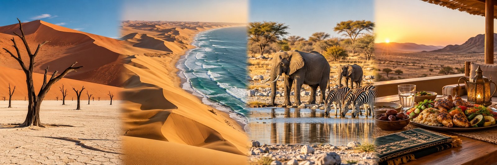 Illustrative Namibia travel collage showing desert dunes, Atlantic coast, safari wildlife and a meal setting