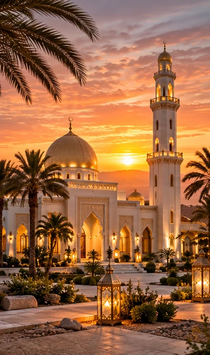 Illustrative masjid courtyard at sunset for Masjid Nikah