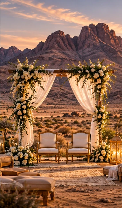 Illustrative intimate floral Nikah ceremony in a Namibian desert mountain setting