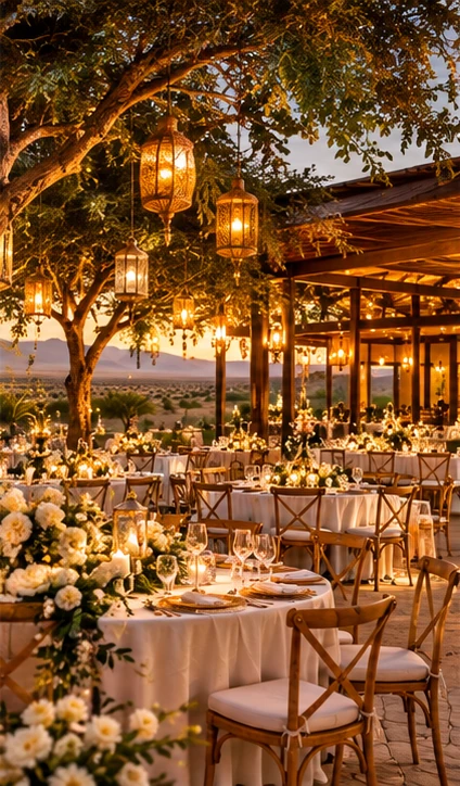 Illustrative family wedding reception with lanterns at a Namibian lodge