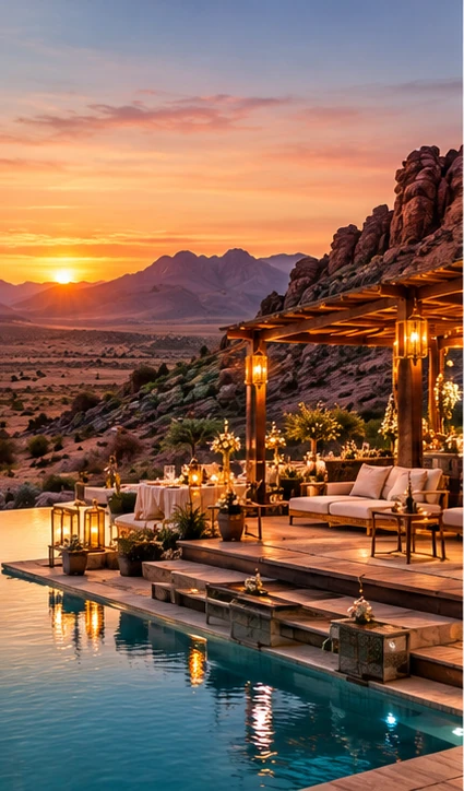 Illustrative luxury Namibian desert lodge wedding setting at sunset