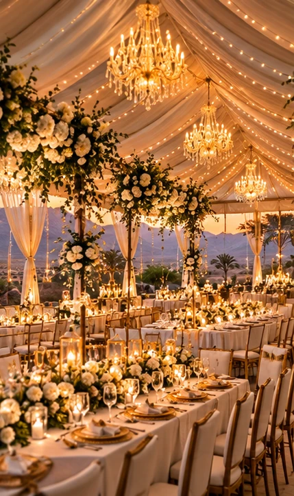 Illustrative exclusive tented wedding banquet in a Namibian landscape